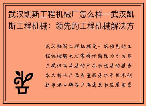 武汉凯斯工程机械厂怎么样—武汉凯斯工程机械：领先的工程机械解决方案提供商