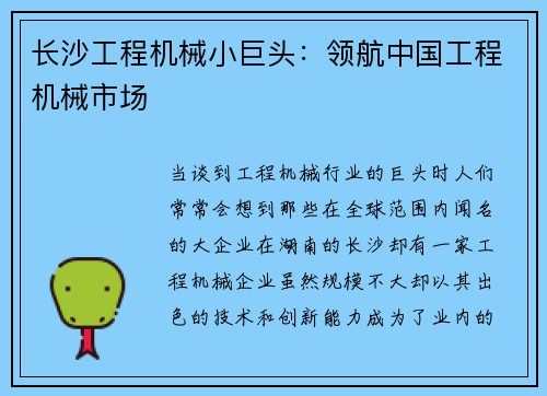 长沙工程机械小巨头：领航中国工程机械市场